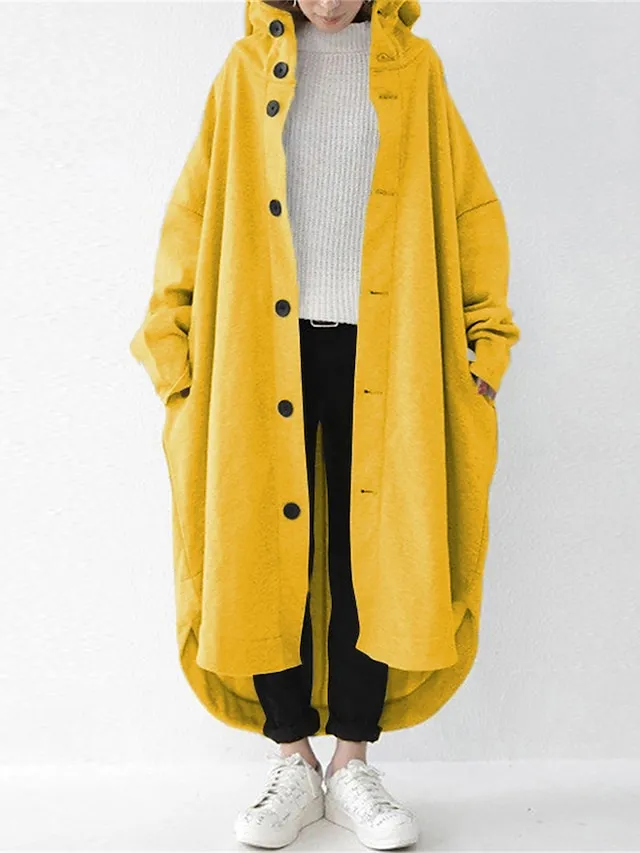 Women's Coat Street Fall Dusty Coat Casual Winter Windproof Long Coat with Pockets Regular Fit Warm Breathable Street Style Jacket Long Sleeve Plain Black Yellow Red