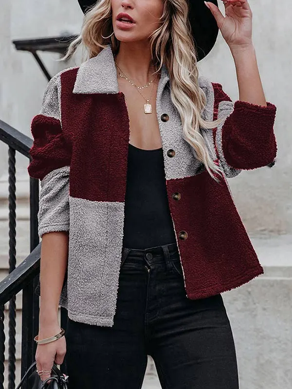 Lapel Contrast Panel Long Sleeve Fleece Jacket