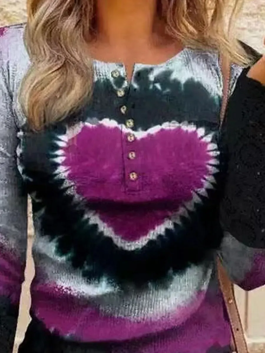 Round Neck Casual Heart Gradient Print Long Sleeve T-shirt