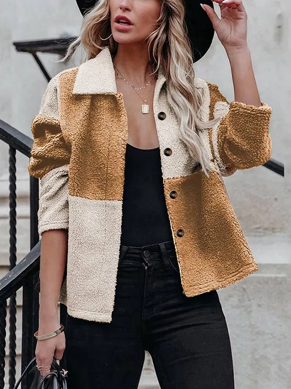 Lapel Contrast Panel Long Sleeve Fleece Jacket