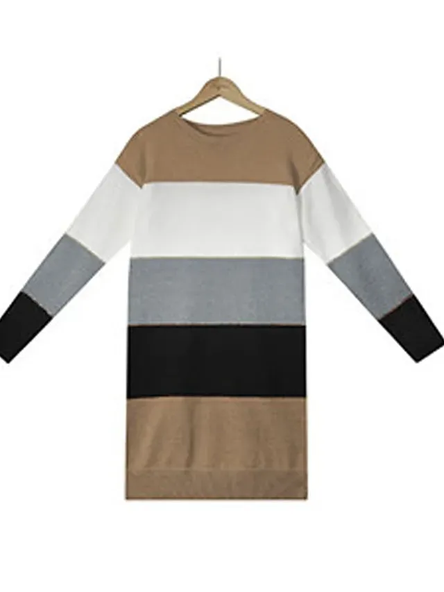 Women's Sweater Dress Jumper Dress Winter Dress Mini Dress Knitwear Fashion Streetwear Color Block Stripe Daily Date Going out Weekend Crew Neck Long Sleeve Drop Shoulder Patchwork Ribbed 2023 Loose