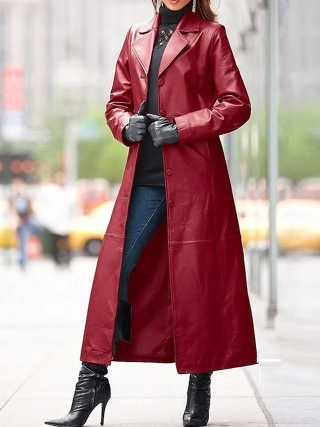 Women's Leather Trench Coat Single Breasted Lapel Overcoat Winter Coat Windproof Warm Waterproof Long Coat Fall Streetwear Outerwear Long Sleeve Black