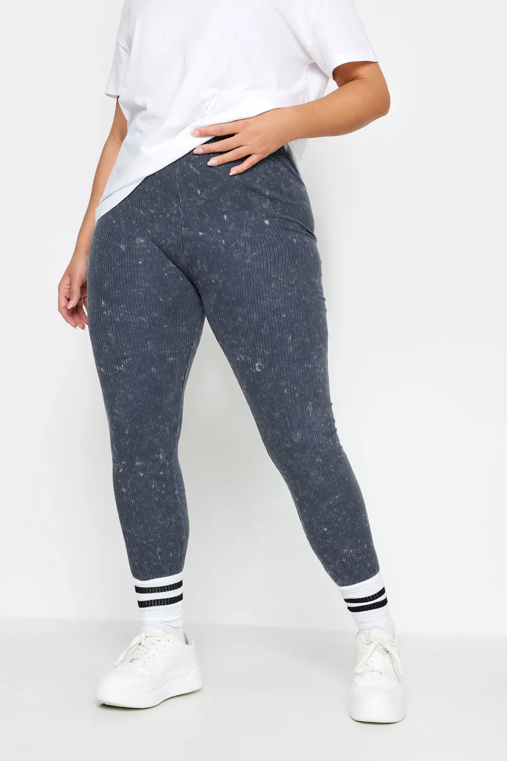 YOURS Curve Khaki Green Acid Wash Ribbed Leggings