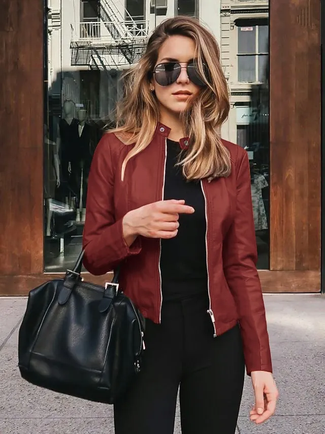 Women's Faux Leather Jacket Clean Fit Faux Motorcycle Moto Biker Coat Plus Size Short Zipper Jacket Light Pink Navy Wine Red ArmyGreen  Chic & Modern Street Fall Collarless Slim Fit S M L XL XXL XXXL
