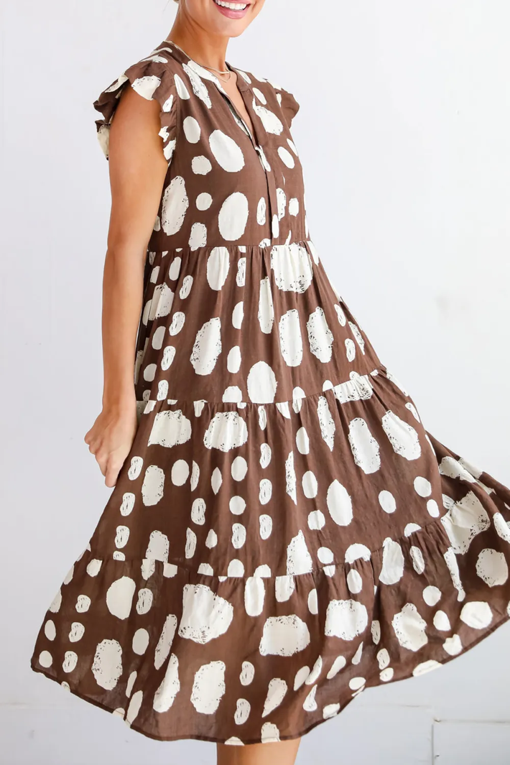 Simply Desirable Brown Dotted Tiered Midi Dress