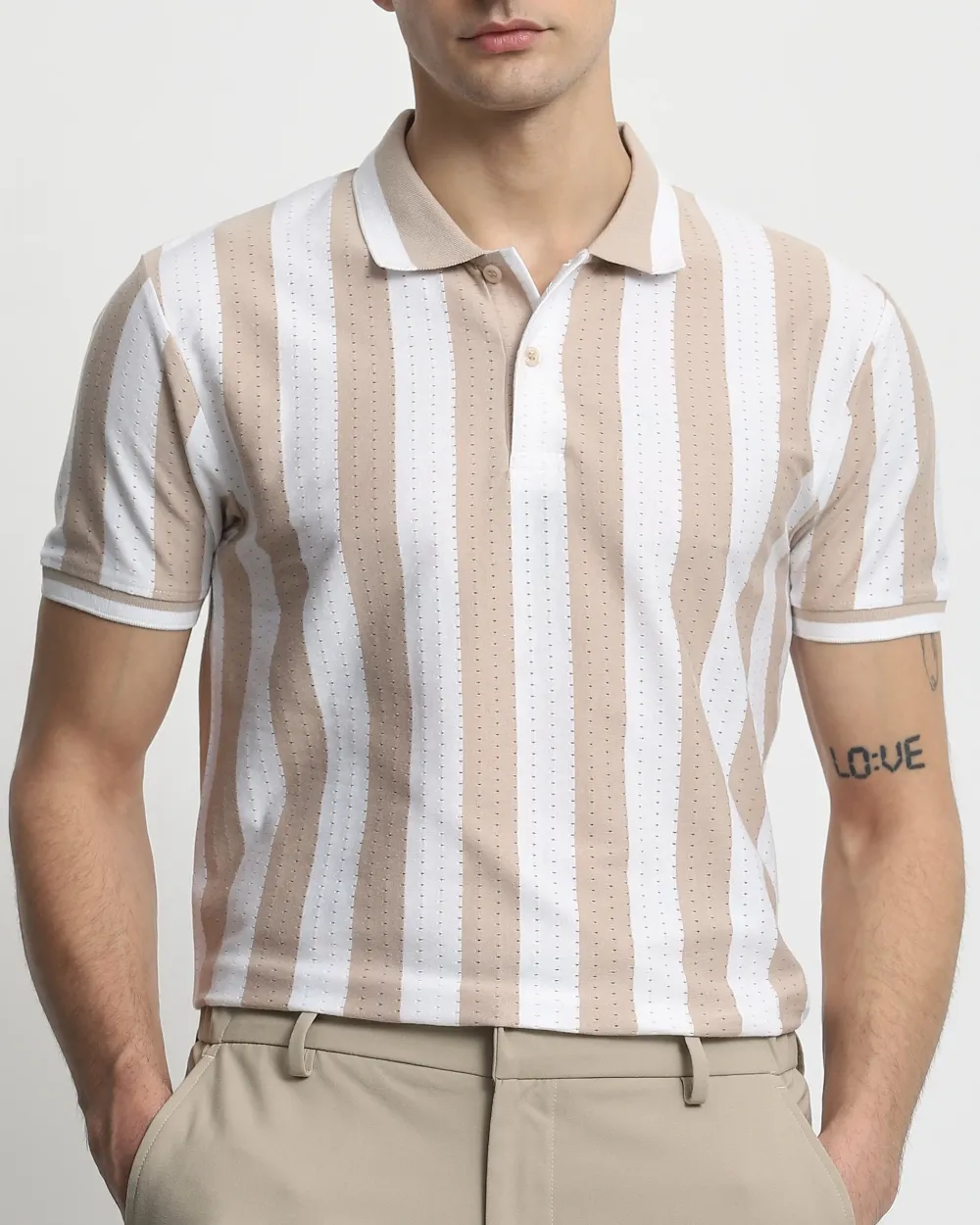 Daily Simple And Slimming Beige Striped Textured Polo Shirt
