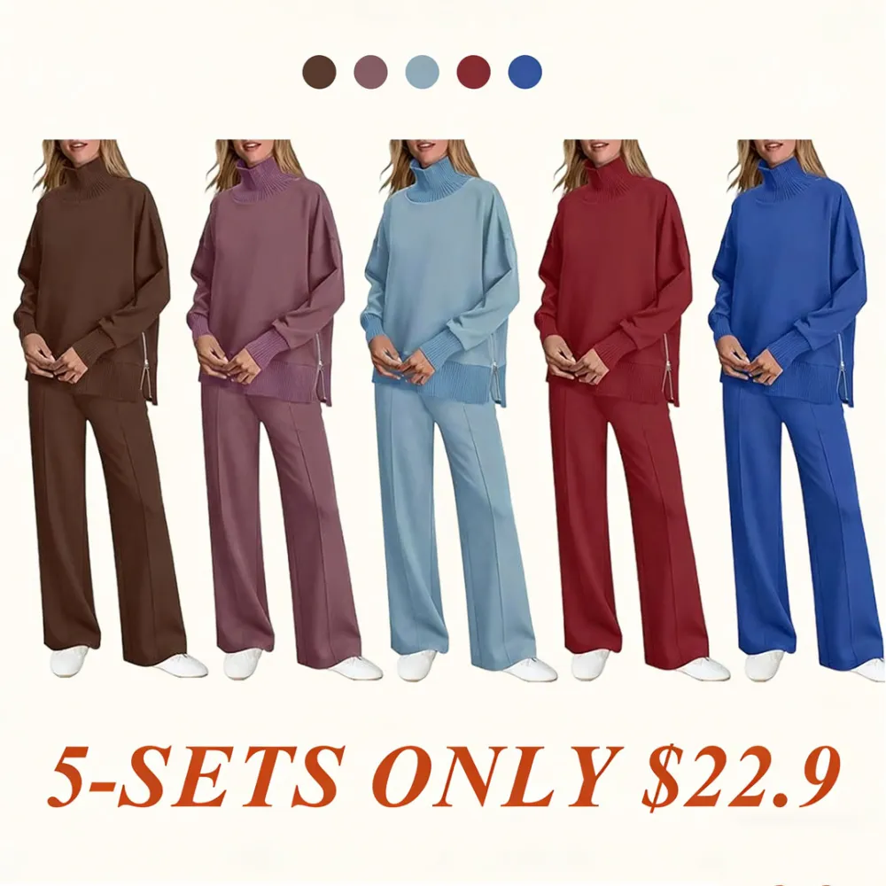 Women's 2-Piece Lounge Set 🧶 | Cozy Knit Turtleneck Top & Matching Pants Outfit