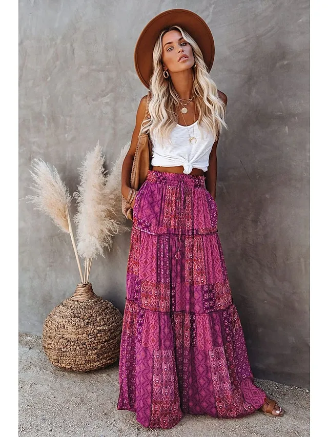 Women's Skirt Swing Long Skirt Maxi Red Blue Purple Orange Skirts Spring & Fall Ruffle Print Fashion coastal grandma style Boho Holiday Casual Daily S M L